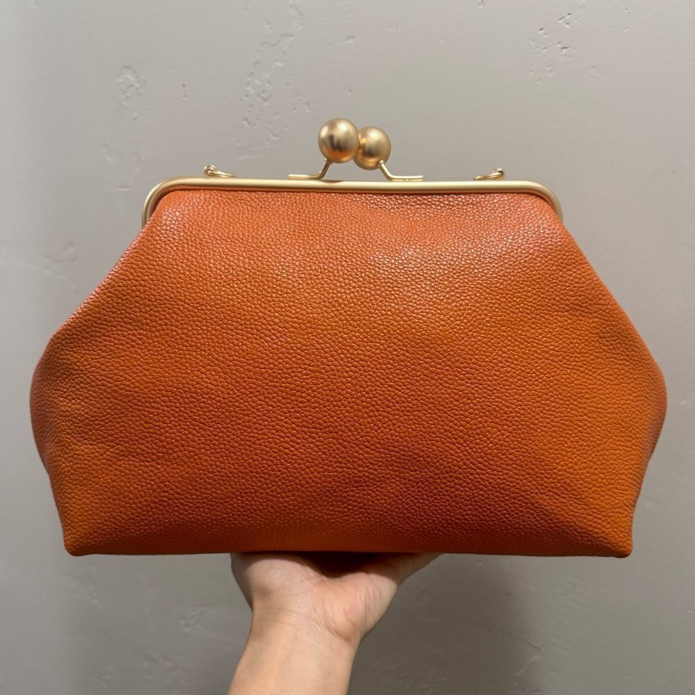 Orange Pebble Leather Handmade Vintage Style Extra Large Kisslock Frame Bag - Picture 6 of 16